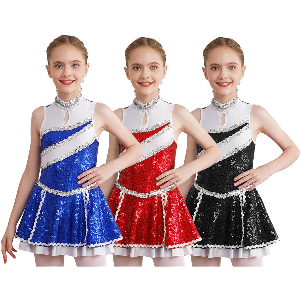 Kids Girls Glitter Sequins Cheerleading Uniform Cheer Leader Outfits Dance Dress Performance Dancewear