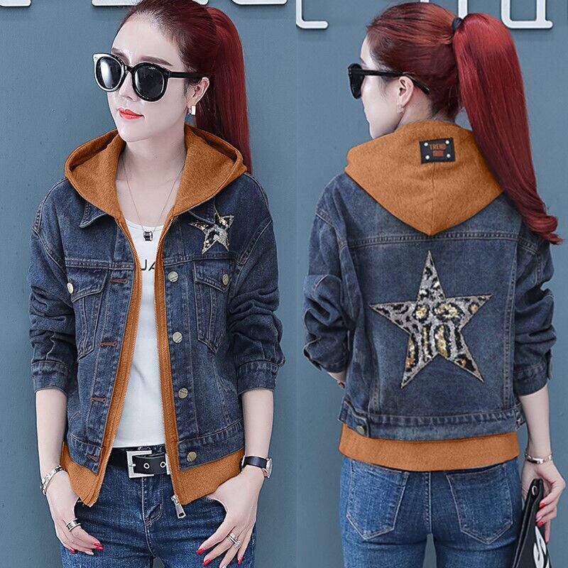Autumn Women's Fashion Printed Hooded Denim Short Jacket