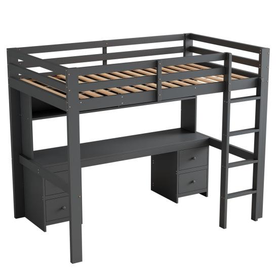 90x200cm Loft Bed, Children Bed, Bed Above, Table Below, Large Storage Space, High Railing, Stable Stairs,