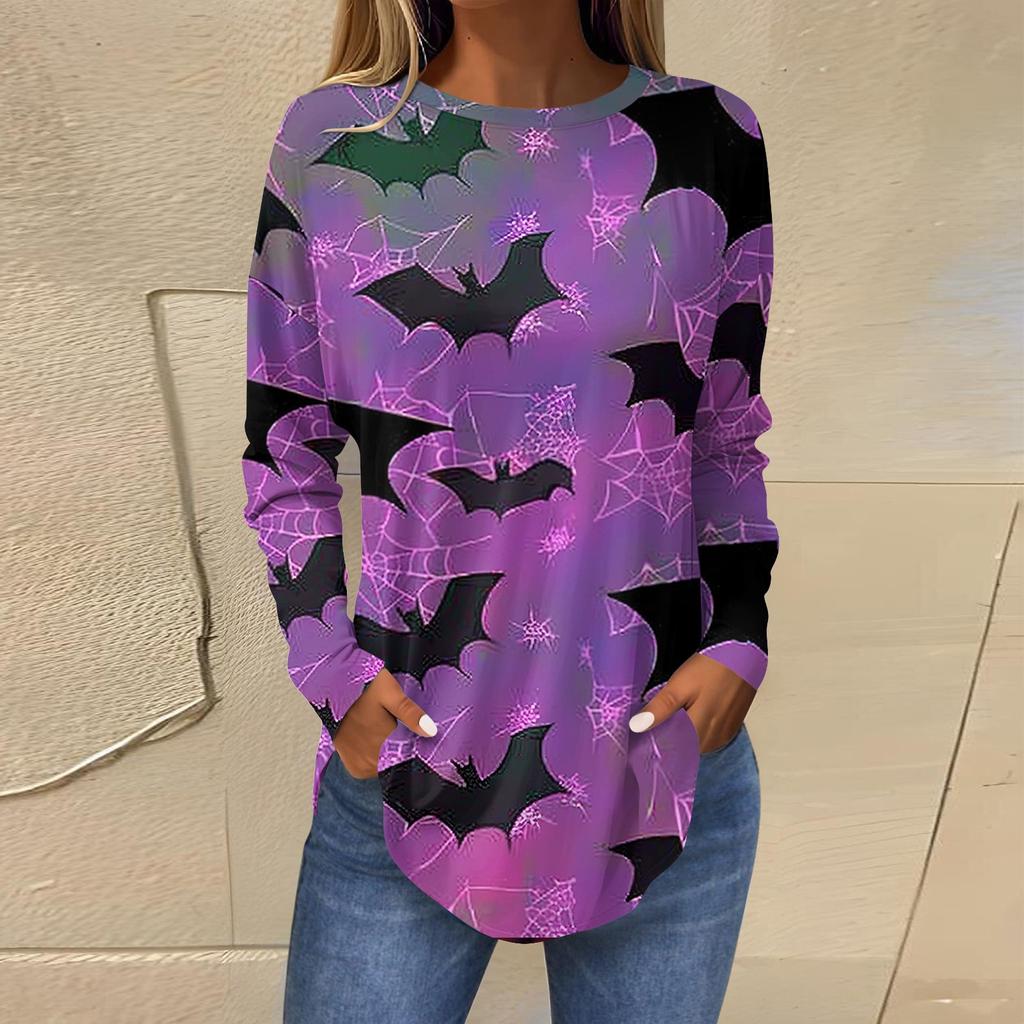 Женская свободная футболка с длинным рукавом с круглым вырезом и принтом, верхний пуловер