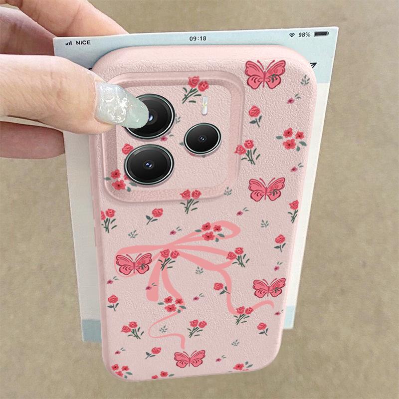 Мягкий матовый чехол с цветочным узором и бантом для Xiaomi 13T Pro Poco X7 X6 M6 Pro Redmi Note 14 Pro 13 12 11 TPU кожаная текстура противоударный тонкий чехол для телефона