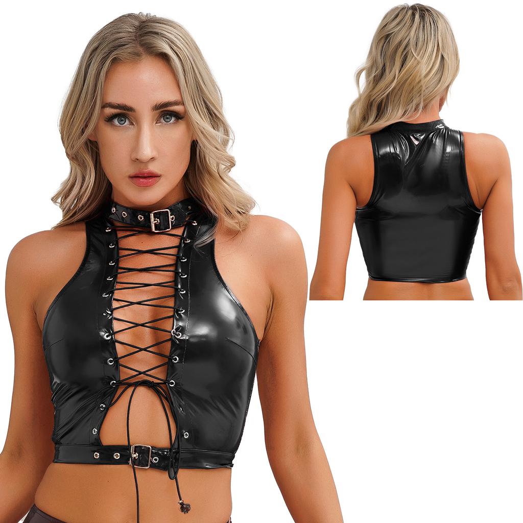 Women Shiny PU Leather Hollow Out Crop Top Sleeveless Lace Up Tank Top Clubwear