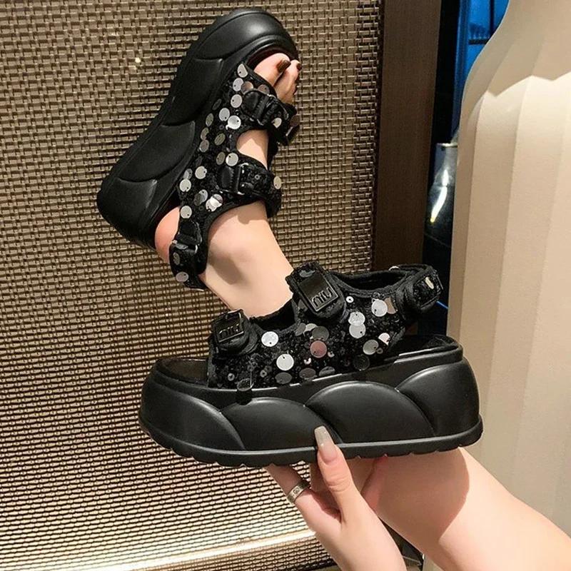 Fashion Summer Sandals Bling Leather High Platform Trainers Breathable Casual Slippers Shoes Woman 7CM Heels Wedge Sneakers Zhuoya31505