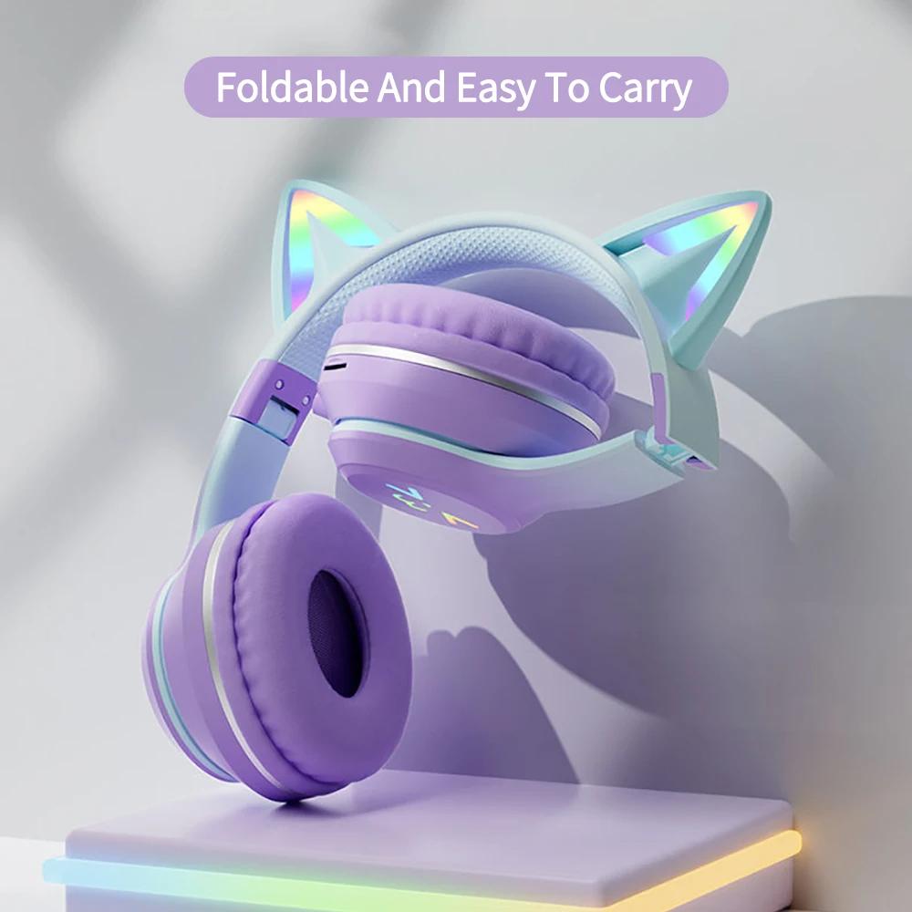 Gradient Wireless Headphones RGB Cute Cat Ear Bluetooth Earphones with Microphone Stereo Music Game Earphone Girls Kids Gifts