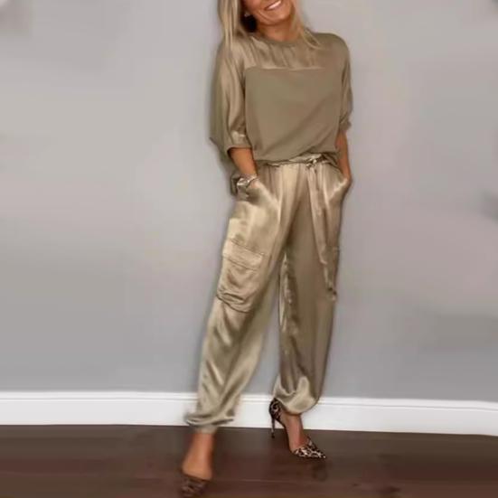 2 шт./компл., комплект женских топов, атласные рукава три четверти, круглый вырез, шнуровка на талии, сплошной цвет, мягкие дышащие повседневные карманы, свободная блузка, комплект брюк