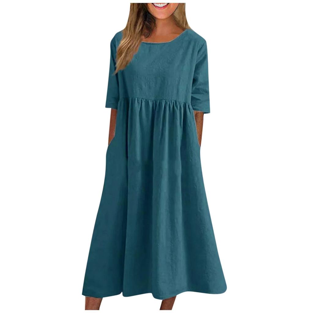 Women's Summer Solid Color Round Neck Half Sleeve Casual Long Solid Color Dress