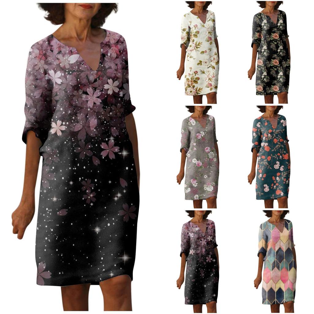 Women's Summer Vintage Floral Print V-Neck Half Sleeve Dress Dresses