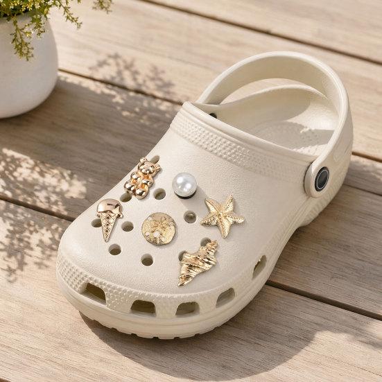6Pcs/Set Gold-Tone Shoe Charms, Summer Ice Cream Charms, Shell Starfish Shoe Charms for Clogs Women Girls Beach Footwear Decor