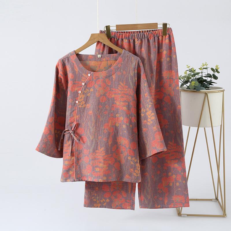 Весенняя ретро-жаккардовая пижама женская из хлопчатобумажной марли в национальном стиле с диагональной планкой, рукавом семь четвертей, брюками девять четвертей, комплект домашней одежды
