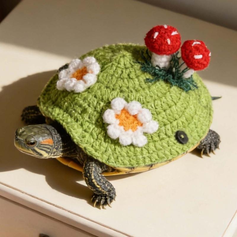 Lovely 3D Mushroom and Flower Knitted Sweater for Pet Turtles Soft Comfortable Fabric for Costume Parties