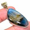 Natural Labradorite Gemstone 925 Sterling Silver Two Tone Pendant 4.85" a3D99