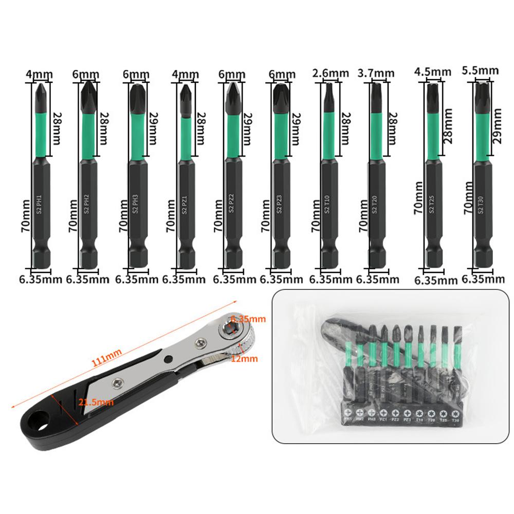 11Pcs/Set Magnetic Hex Shank Electric Drill Bits S2 Alloy Steel Phillips Pozidriv Torx Bits with Ratchet Wrench