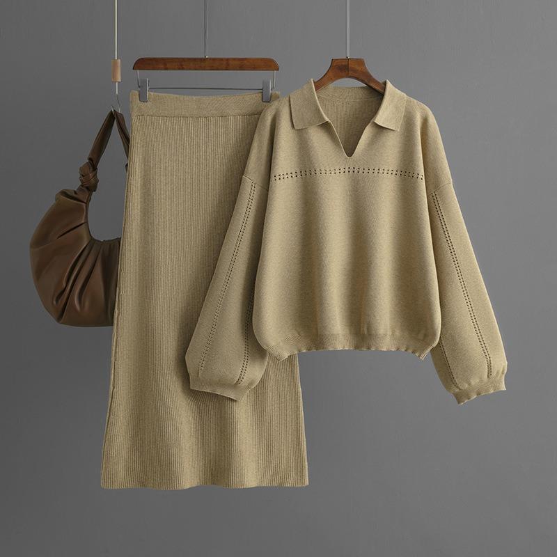 Autumn and Winter New Knit Sweater Set POLO Collar Ladies Simple Trend V-neck Solid Color Loose Slim Dress