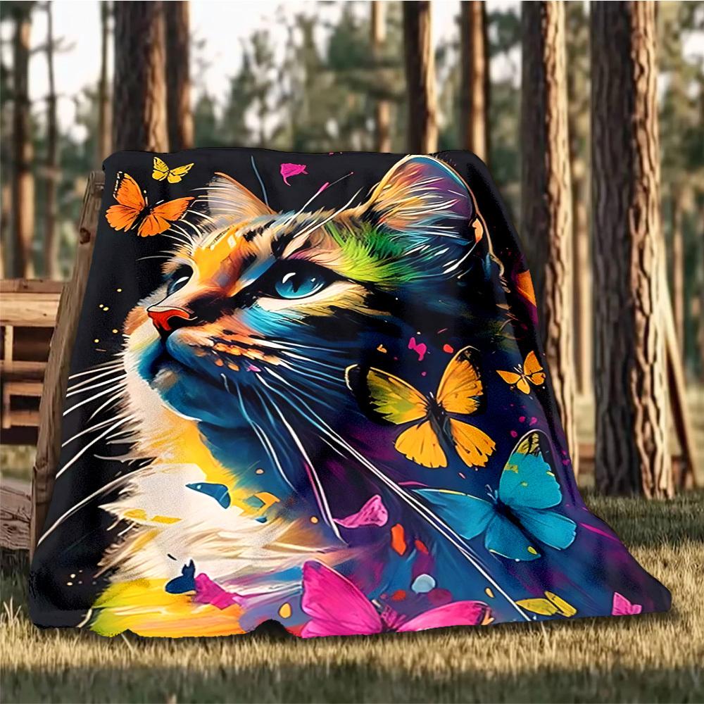 1pc Colorful Cat Art Print Outdoor Blanket, Lightweight Polyester,