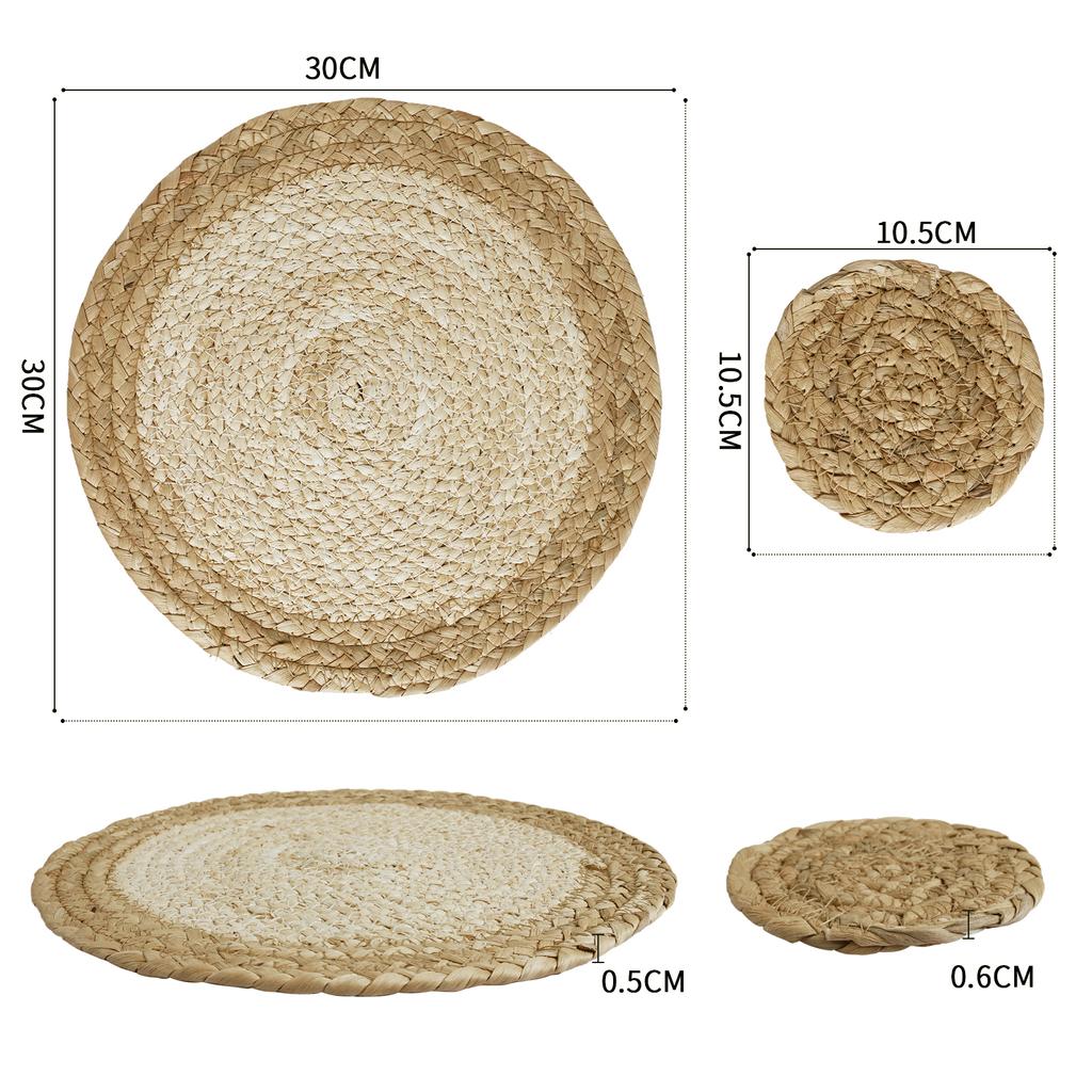 Set of 6 Boho Placemats with Coastor Handmade Natural Water Straw Woven Table Mats Farmhouse Style Placemats for Dining Table