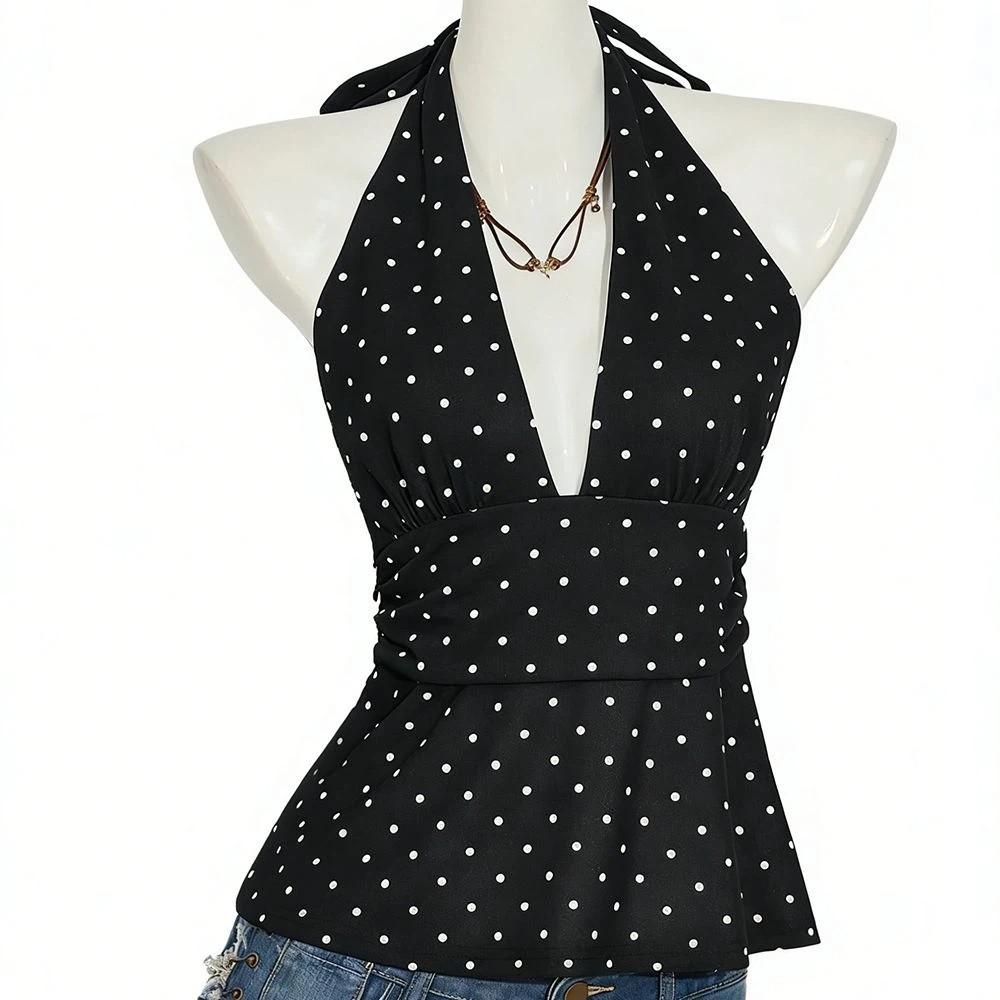 Deep V Neck Lace-up Dots Camisole Sleeveless Halter Ruffle Vest Hanging Neck Top Summer