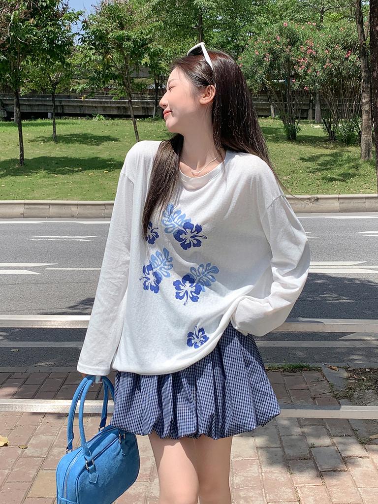 Sweet printed crew neck long-sleeved t-shirt women's summer new design loose and thin beautiful
