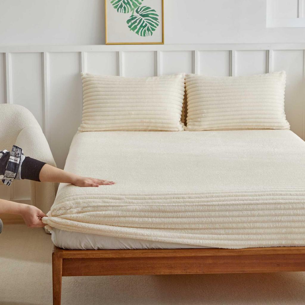 Приятная к коже двусторонняя флисовая простыня на резинке с кулиской - Толстый молочный вельвет однотонное покрывало.