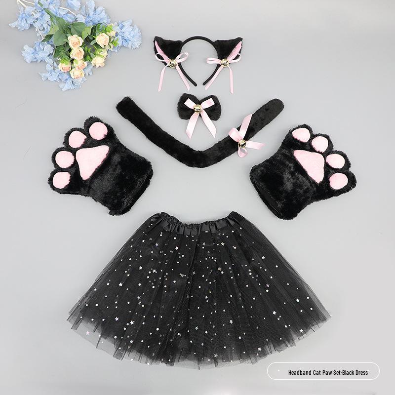 Милый кошачий косплей-набор: Ободок с кошачьими ушками, перчатки-лапки и аксессуар-хвост