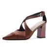89811 [sheepskin] High Heels Women's Thick Heel 2025 New Pointed Temperament Cross Belt Hollow Splicing Single Shoe