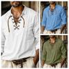 Men's Linen Shirts Long Sleeved Lace Up V Neck Casual Blouse Spring Summer Thin Front Tees Tops Breathable Men Clothing