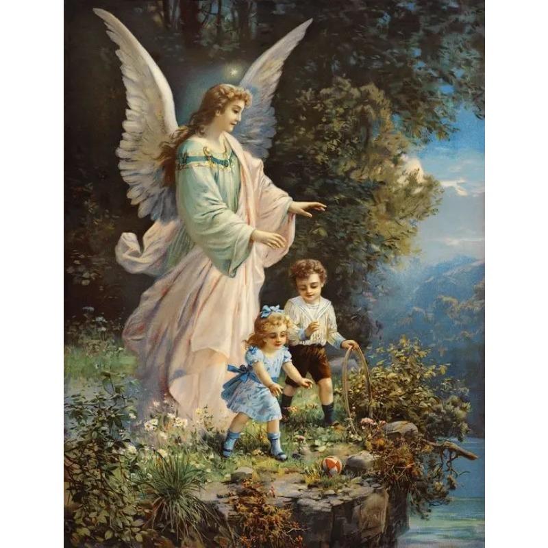 Vintage Guardian Angel Canvas Printmaking Gallery Decoration Angel Mom and Children Living Room Home Canvas Painting Wall Art