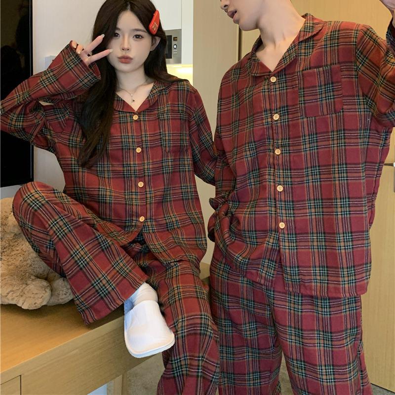 2024 Autumn Loose-Fit Couple Pajama Set - Long Sleeve Christmas Plaid Flannel Homewear