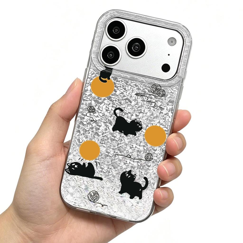 Черные кошки с шариками Чехол для iphone 16 Plus XR XS Max 18 Pro Max 17 Pro 11 13 Air 15 12 14 Серебристый блеск Трескающийся фон