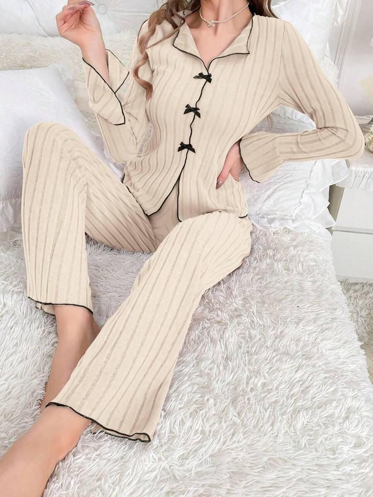 European & American Women's Casual Long-Sleeve Pajama Set with Bow