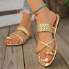 Золотые сандалии-шлепанцы с кольцом на пальце для женщин, римский стиль, плетеный ремешок, летние тапочки, женские, удобные, нескользящие, для улицы, пляжа