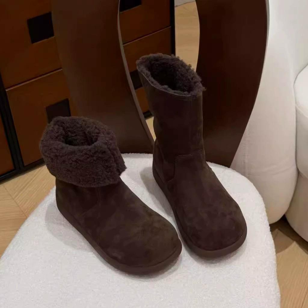 Cowhide Version Snow Boots Women's Winter New Two Wear Piled Thickened Cotton Shoes Fluffy Shoes Short Boots
