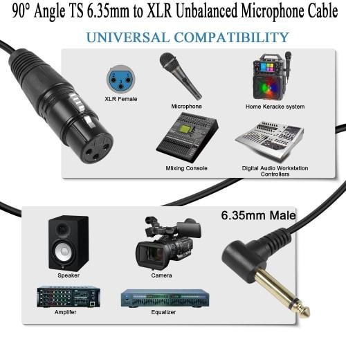 QIANRENON 90 Angle TS 6.35mm To XLR Unbalanced Microphone Cable, XLR Female To 1/4" 6.35mm TS Right Angle Mono Audio Extension Cable for Mixer Amplif