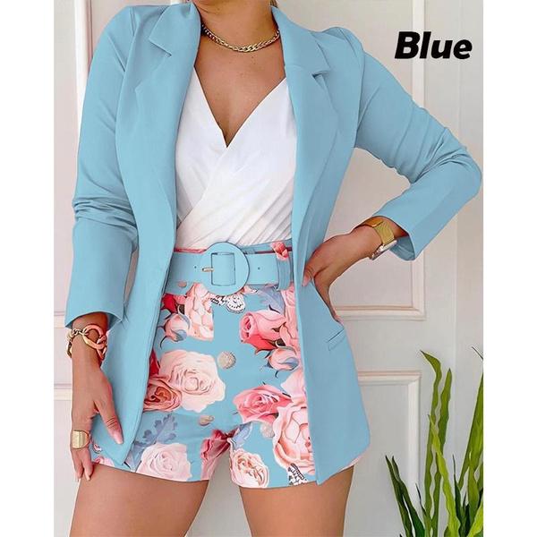 Женский костюм с длинными рукавами + шорты, мягкие однотонные деловые офисные блейзеры, женская куртка + брюки с цветочным принтом + ремень, комплект из трех предметов
