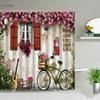 Street Flowers Plant Shower Curtain Retro Building Old Door Rural Scenery Background Wall Decor Hanging Curtains Set With Hooks