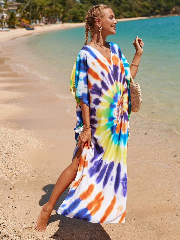 EDOLYNSA Multicolored Kaftan Bohemian Printed V-neck Batwing Sleeve Maxi Dress Women Beachwear Half Sleeve Maxi Dress Robe