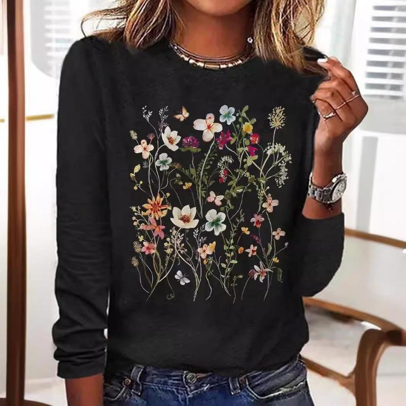 Summer Butterfly Floral Stripe Printed Round Neck Long Sleeve Loose T-Shirts Women’s