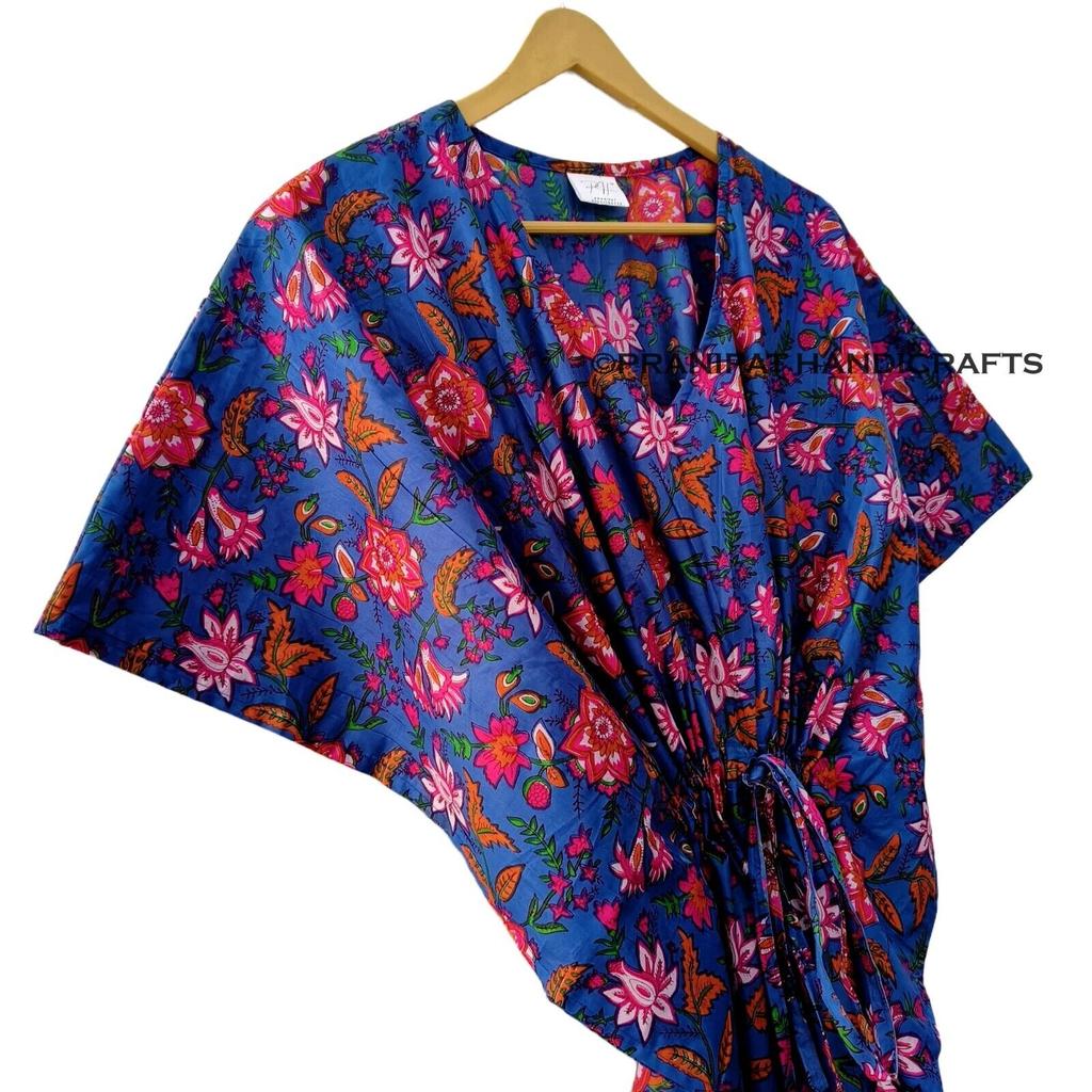 Синее хлопковое цыганское макси-пляжное платье с индийским цветочным принтом, женское платье-кафтан CKFTN-SCRN-FULL-BUYIT-169