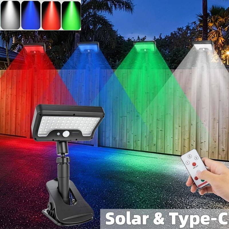 Clip On Solar Lights Outdoor Motion Sensor 4-Color 3 Modes IP65 Waterproof 360° Adjustable Clamp Lamp for Fence Garden Deck Camping