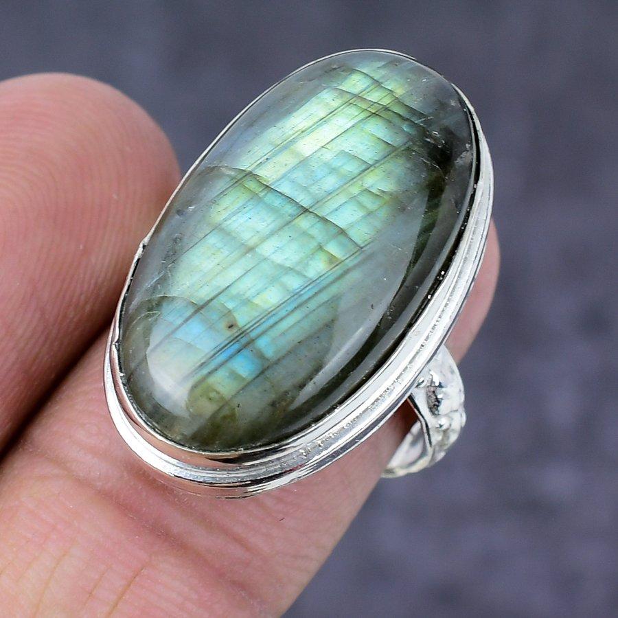 Лабрадорит Драгоценный камень Ручная работа Серебро 925 пробы Подарок Ювелирное изделие Кольцо Размер 6 q7K61