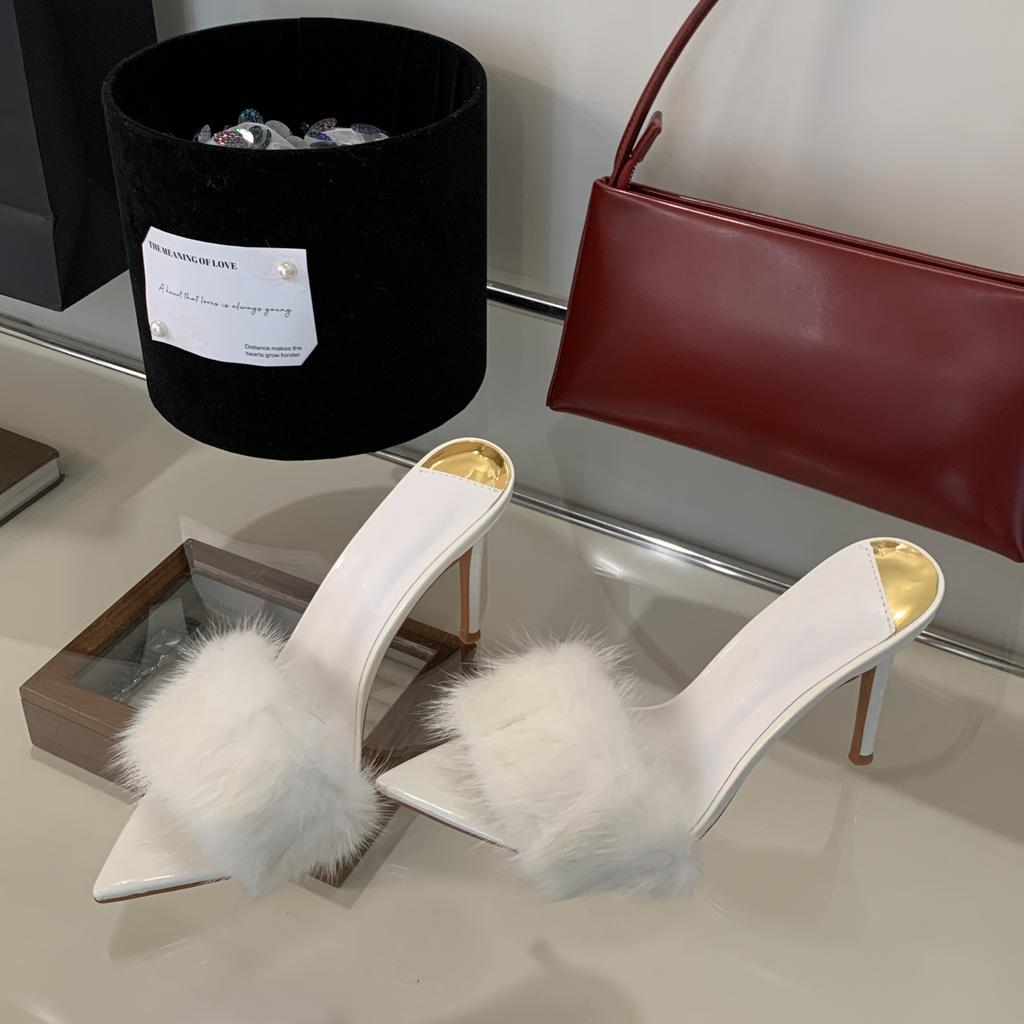 Летняя мода верхняя одежда тапочки сексуальные остроносые волосатые каблуки тапочки на высоком каблуке женская праздничная обувь