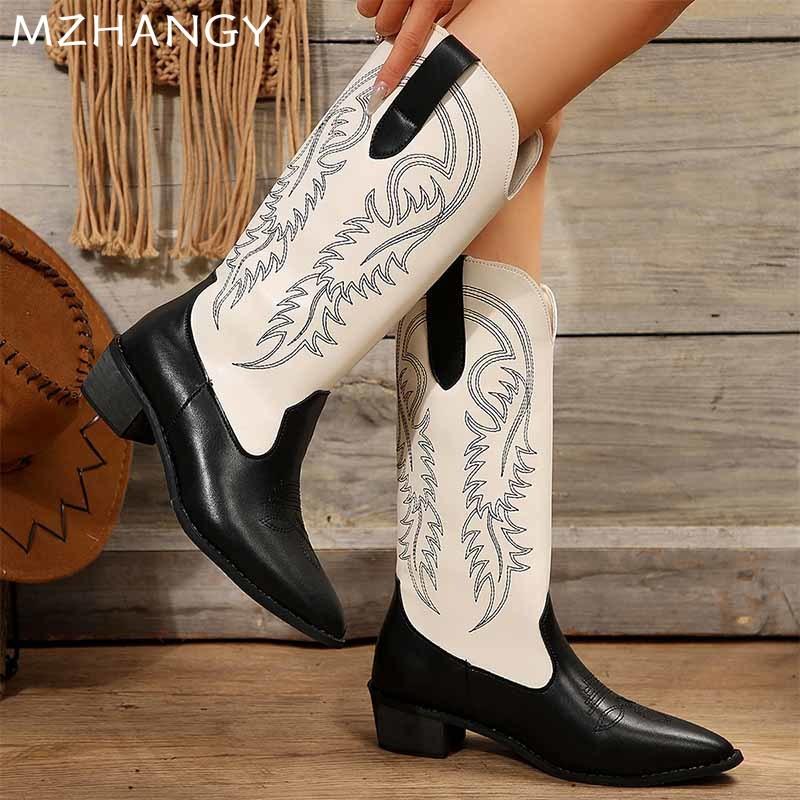 Остроносые массивные женские сапоги до середины голени, элегантные модные кожаные туфли на среднем каблуке, зимние новые брендовые туфли-лодочки для ходьбы Botas Mujer