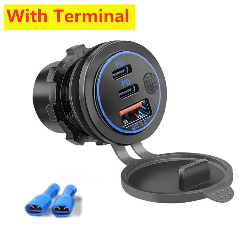 Dual PD & QC 3.0 3-Ports Quick Charge 112W Aperture Car Fast Charger Outlet Socket For 12V 24V Motorcycle Boat Marine Truck ATV