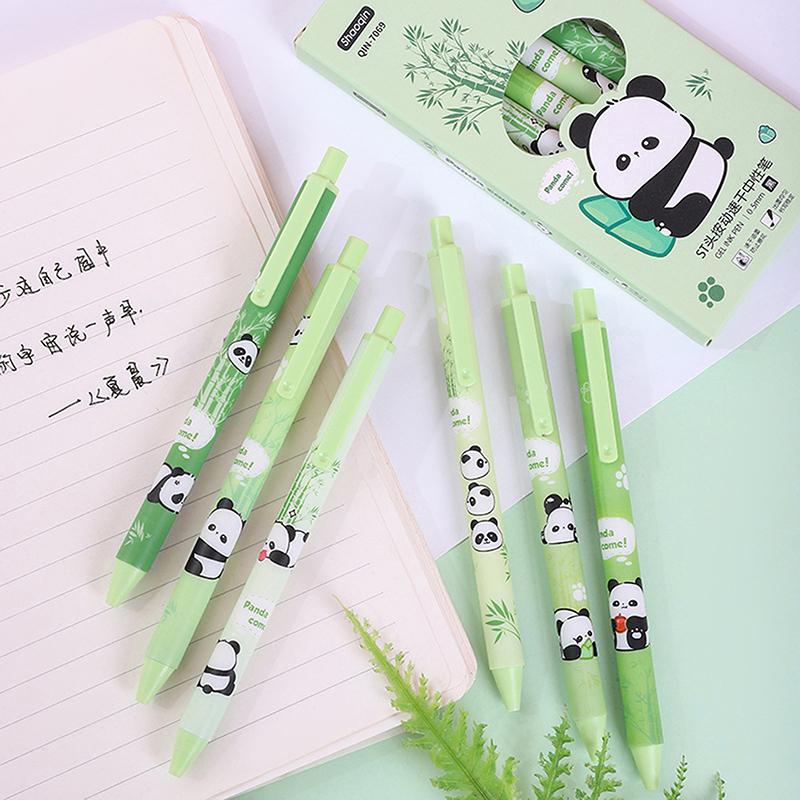 6 шт. гелевых ручек с милой мультяшной пандой, забавные ручки для нажатия, милые ручки с плавным письмом в виде панды, канцелярские принадлежности для школьников