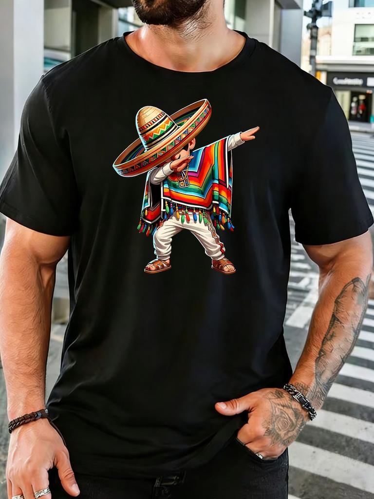 Unisex Cotton Crew Neck T Shirt Dabbing Mexican Unisex Sombrero Poncho Cartoon Print Fiesta Culture Casual Short Sleeve Male Daily Top