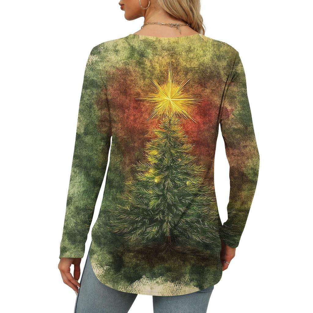 Womens Long Sleeve Round Neck Shirts Side Split Basic Loose Tunic Tops Christmas Print  Casual Shirts