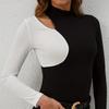 Осенне-зимняя элегантная контрастная строчка с небольшим воротником-стойкой, новая футболка, тонкий тонкий топ с длинными рукавами для женщин