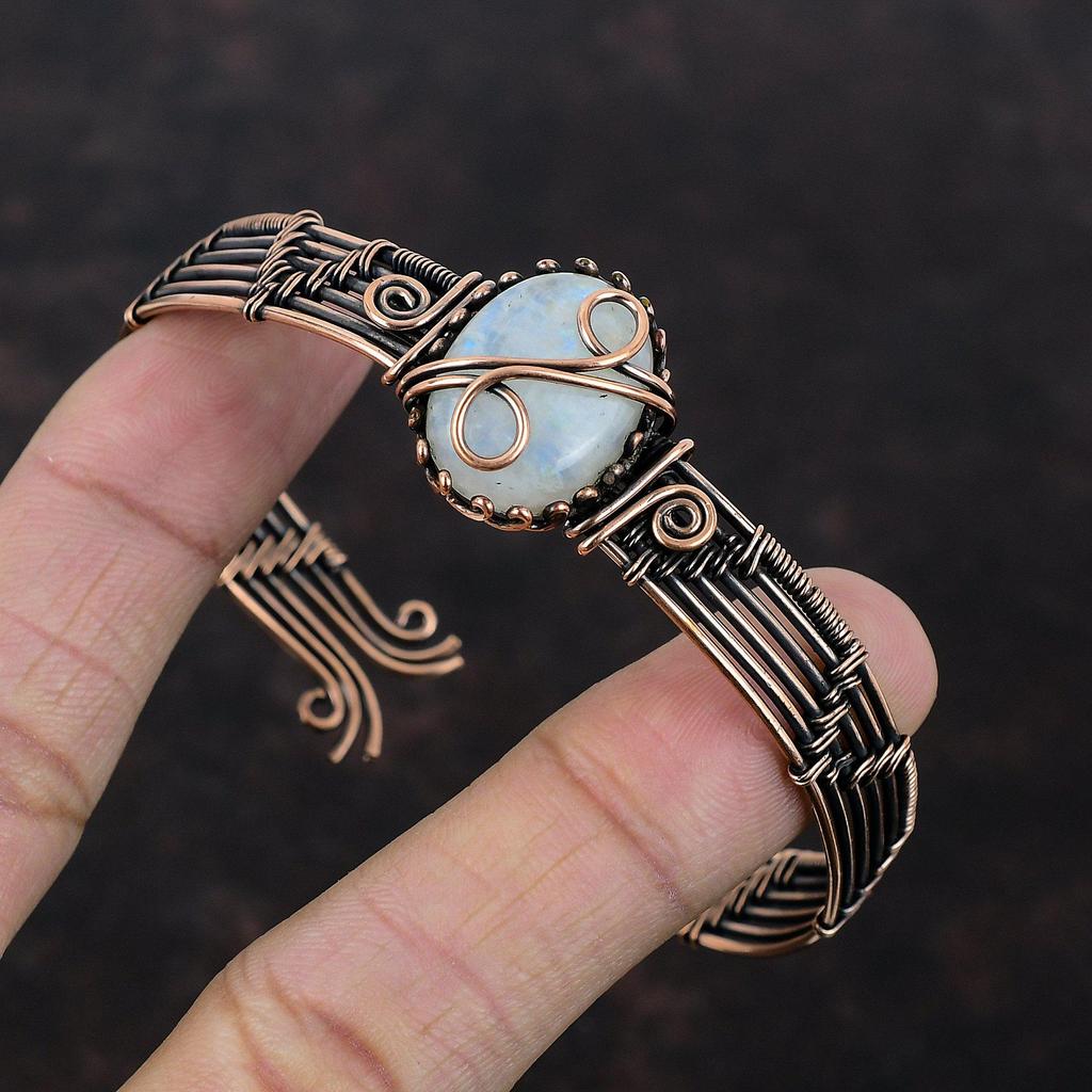 Браслет-манжета из радужного лунного камня, обмотанный медной проволокой, регулируемый браслет, браслет-манжета из медной проволоки ручной работы, ювелирное изделие с лунным камнем