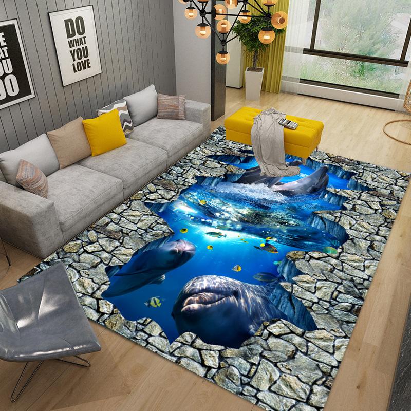 3D иллюзия морского дна, подводный мир, коврик с дельфином и акулой, коврик для гостиной, спальни, дивана, коврик, нескользящий напольный коврик