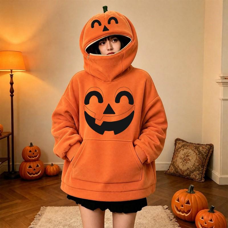 Halloween Pumpkin Print Hooded Sweatshirt Women Casual Long Sleeve Top