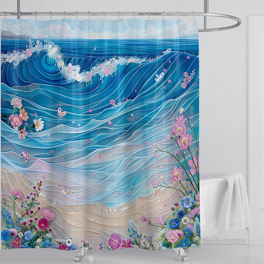 Ocean Wave Scenery Shower Curtain Waterproof Shower Curtain Polyester Fabric 3D Printed Curtain Bathroom Decoration With Hooks